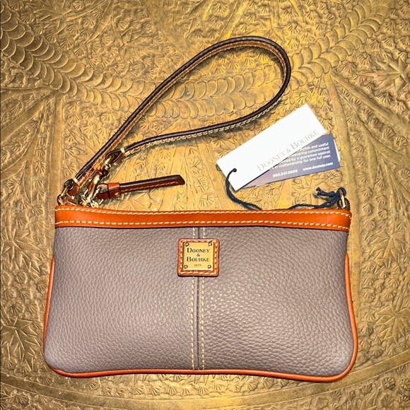 Dooney & Bourke Handbags - Authentic Dooney & Bourke Gray and Tan Leather Large Slim Wristlet- New w/ Tag!